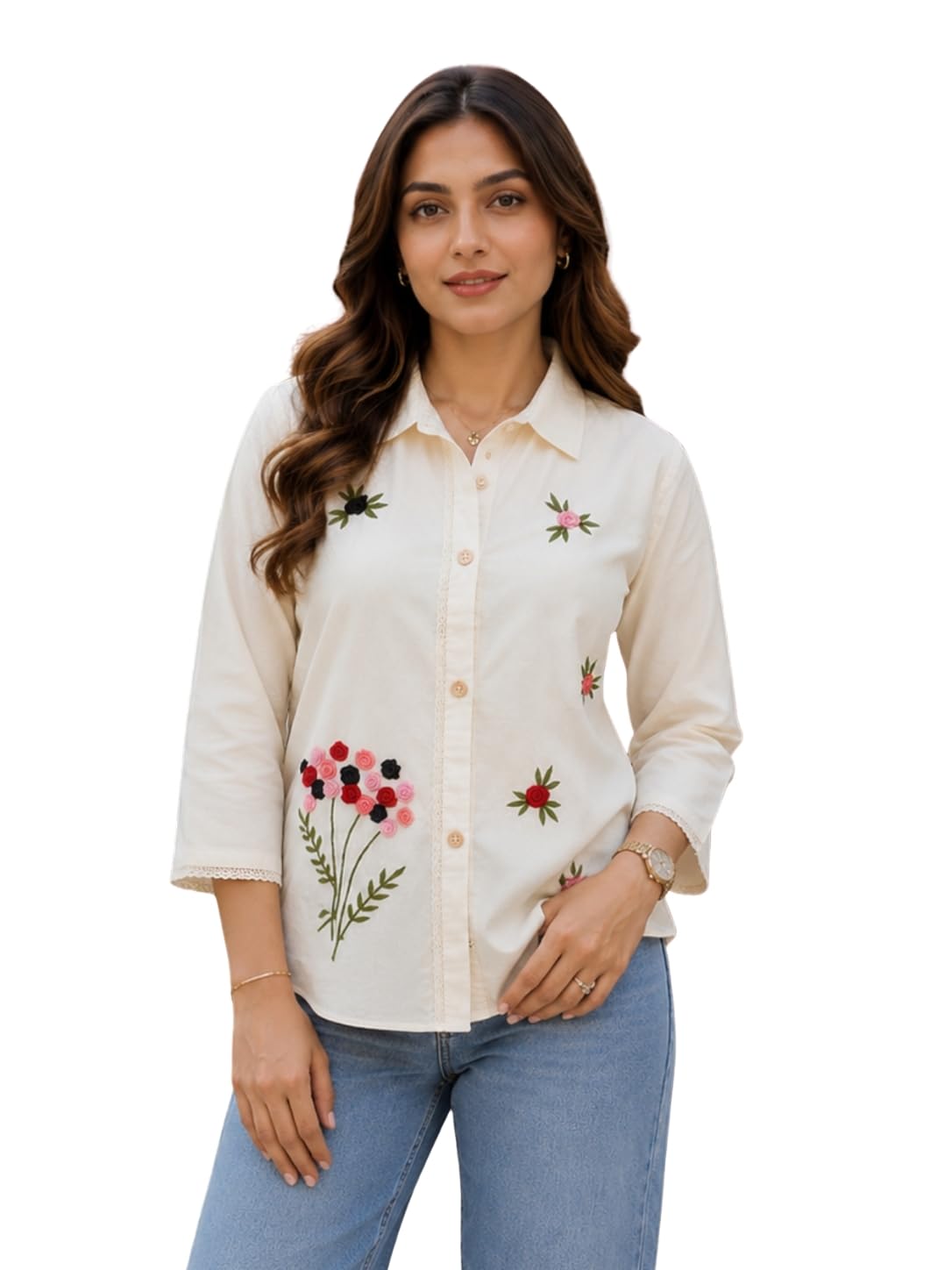 JAPNAAM Womens Off White Floral Embroidered ButtonDown Shirt Top|| 3/4 Sleeve Casual Shirt Top Office & Casual Wear for Women 2