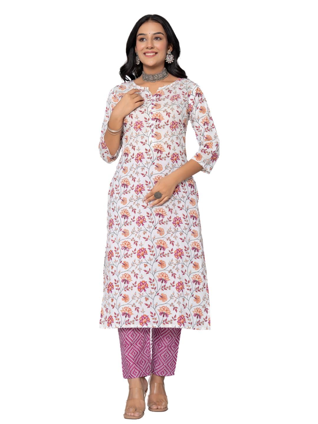rytras Womens Cotton Printed Straight Kurta with Pant(RYT542,Pink,L)
