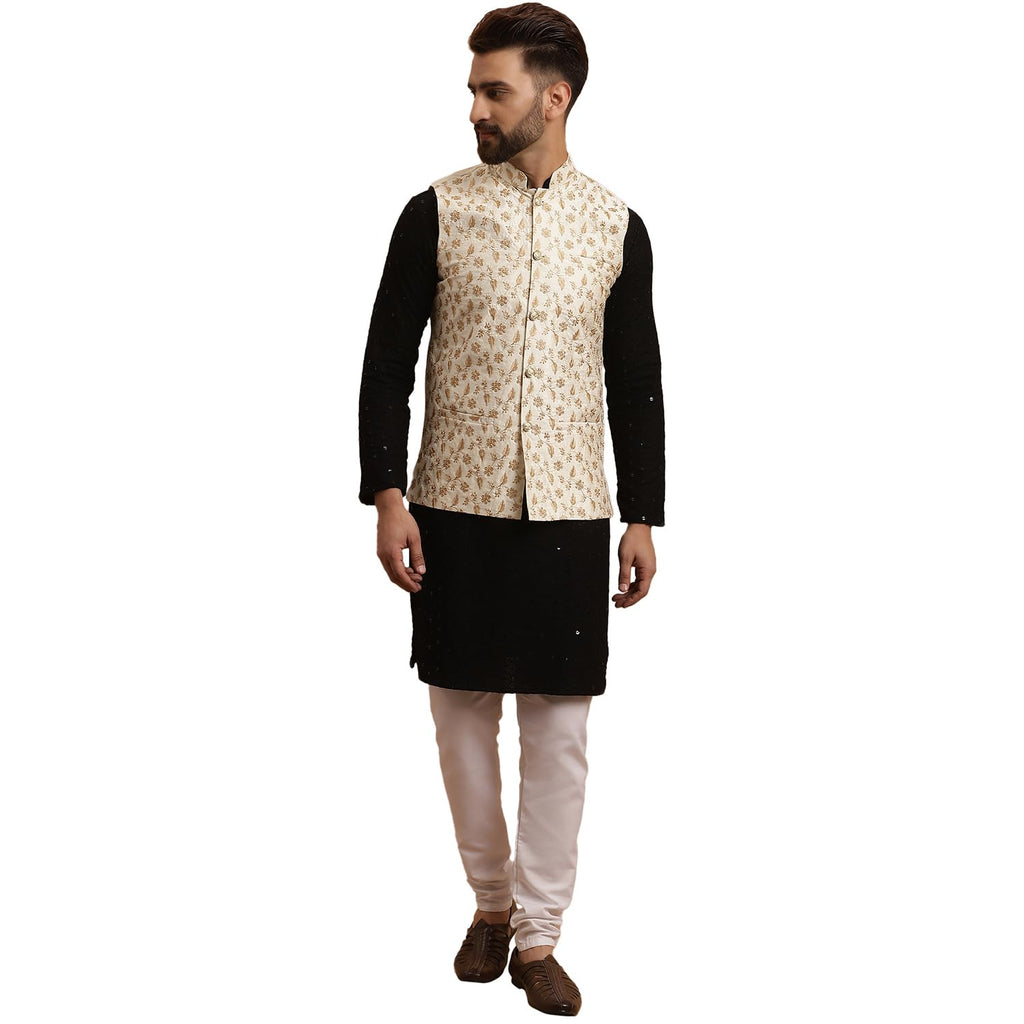 SOJANYA (Since 1958 Mens Cotton Black Kurta and White Pyjama Cream Embroidery Nehru Jacket