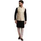 SOJANYA (Since 1958 Mens Cotton Black Kurta and White Pyjama Cream Embroidery Nehru Jacket