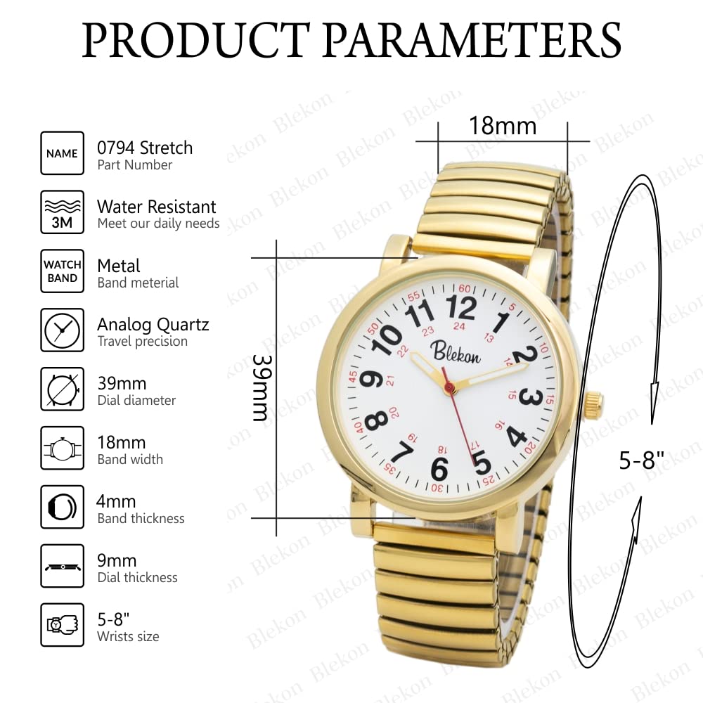 Blekon Original Nurse Watch - Medical Scrub Colors, Easy Read Dial, Second Hand, Water Resistant Watch (Gold/Stretch)