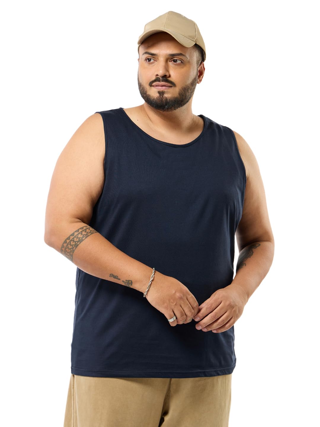 Bewakoof Mens Solid Regular Fit Sleeveless Round Neck Cotton Jersey Plus Size Vest_603276_Blue_5XL