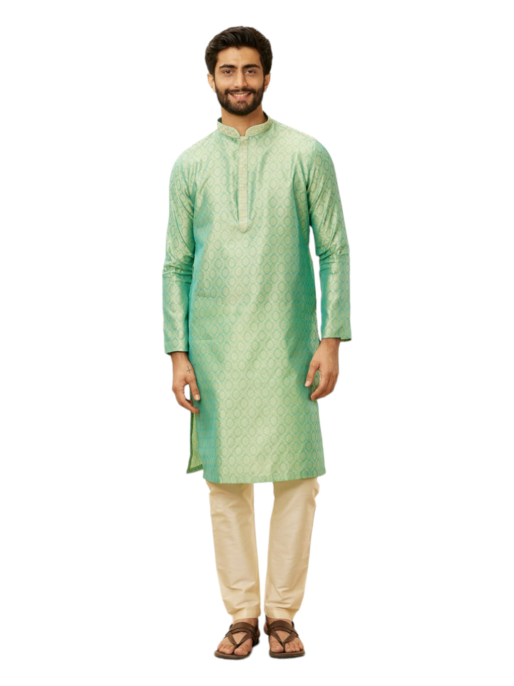 Manyavar Mens Green Art Silk Self Design Kurta Pyjama Set