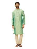 Manyavar Mens Green Art Silk Self Design Kurta Pyjama Set