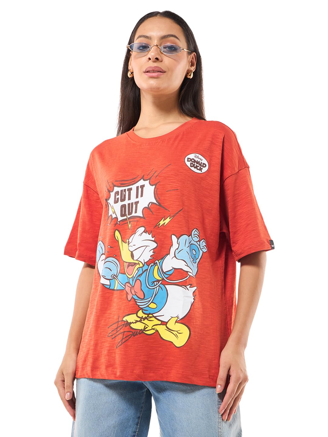 Bewakoof Air 1.0 Official Disney Merchandise Donald Duck Womens Graphic Printed Oversized Fit Half Sleeve Round Neck Cotton Slu