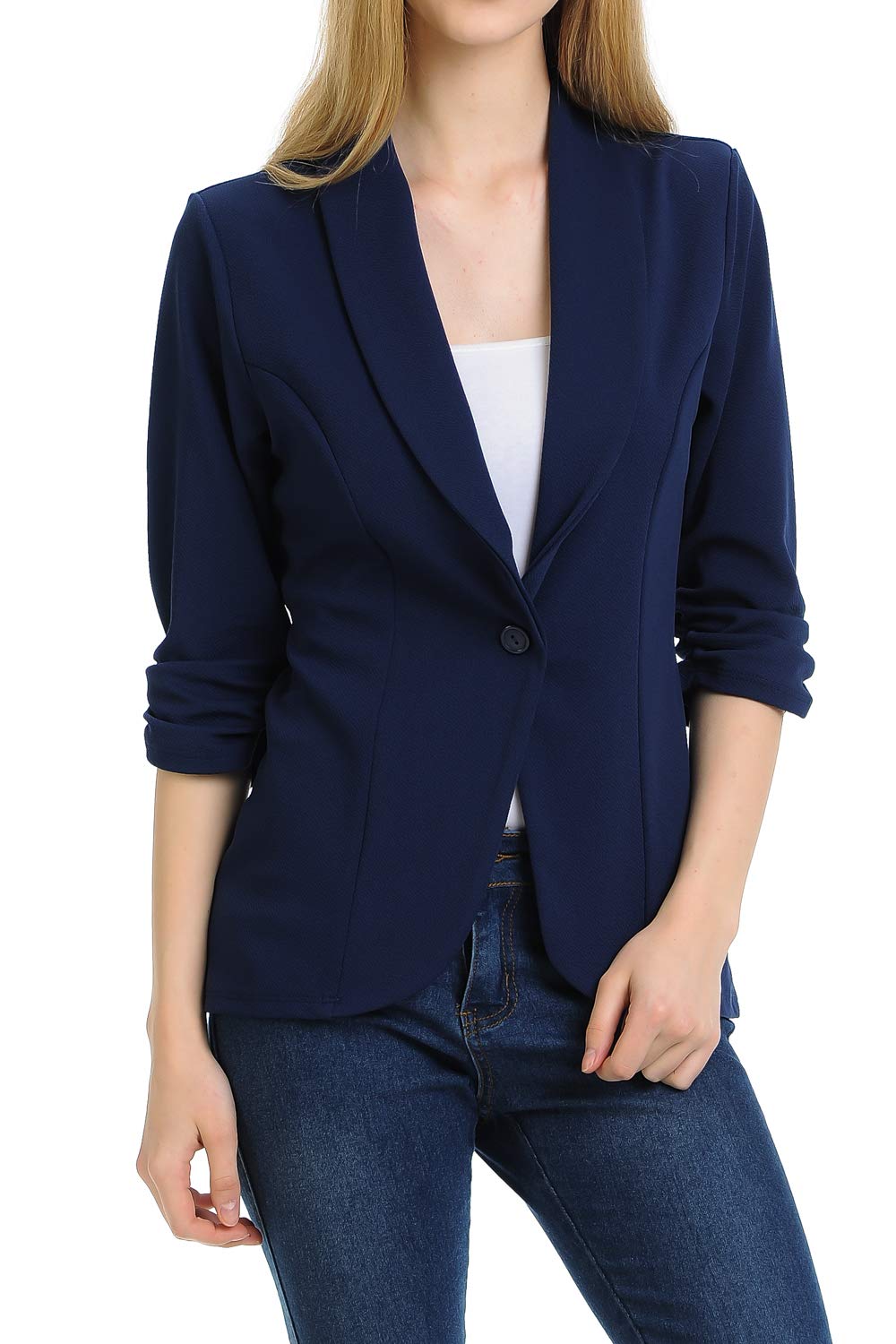 MINEFREE Women's 3/4 Ruched Sleeve Lightweight Work Office Blazer Jacket Navy M