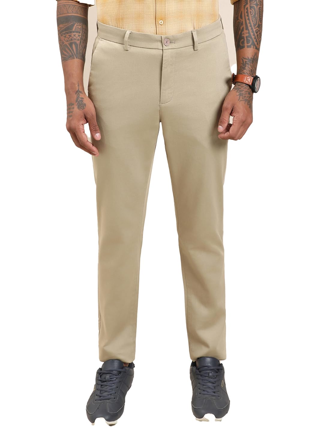 Turtle Men Cotton Stretch Ultra Slim Fit Dark Beige Flat Front Self Design Casual Trouser