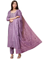ANNI DESIGNER Womens Rayon Viscose Straight Embroidered Kurta with Pant & Dupatta (PARIMALA Purple_L_Purple_Large)