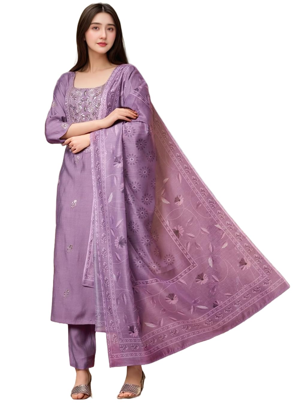 ANNI DESIGNER Womens Rayon Viscose Straight Embroidered Kurta with Pant & Dupatta (PARIMALA Purple_S_Purple_Small)