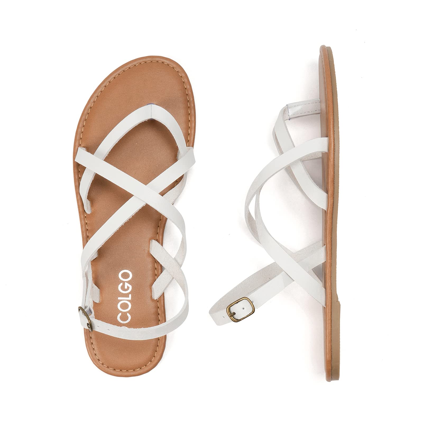 Colgo Women's Summer Strappy Flat Sandals, Adjustable Casual Fisherman Sandal with Open Toe Slingback Gladiator Sandals (7,White