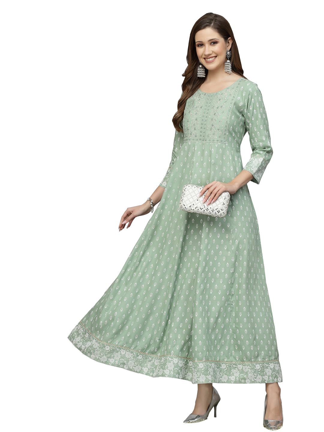Stylum WomenS Printed & Embroidered Rayon Anarkali Kurta (Pistadion48_Pista, 4Xl)