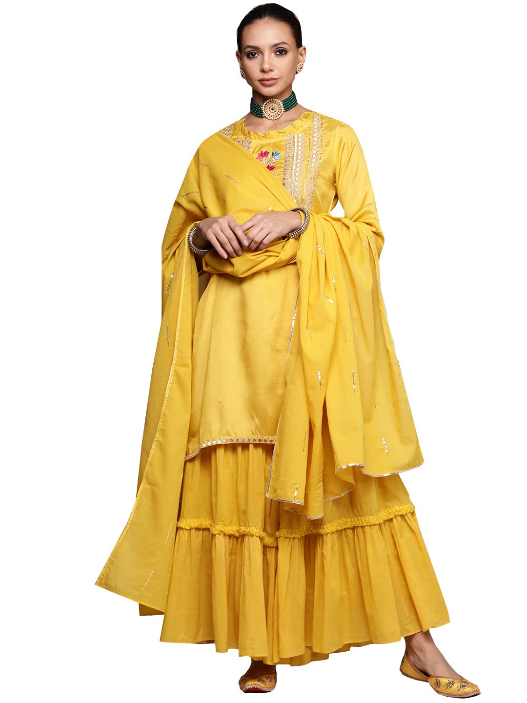 Ishin Women'S Silk Blend Straight Embroidered Zari Floral Print Yellow Kurta Suit Set With Sharara Inwsd020_Yl_S_Yellow