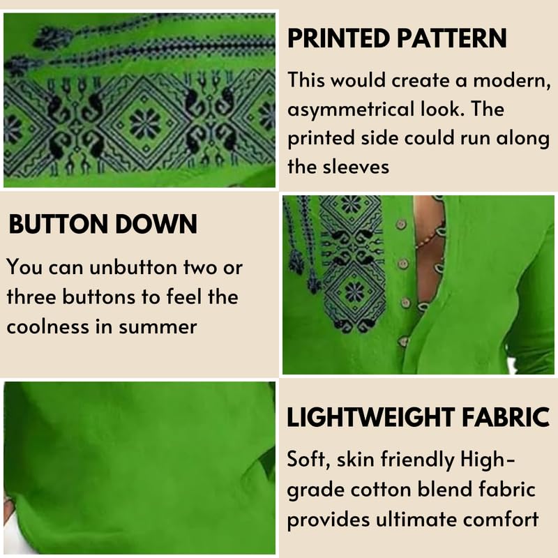 Deelmo MenS Cotton Blend Mandarin Collar Self One Design Full Sleeve Casual Short Kurta Green