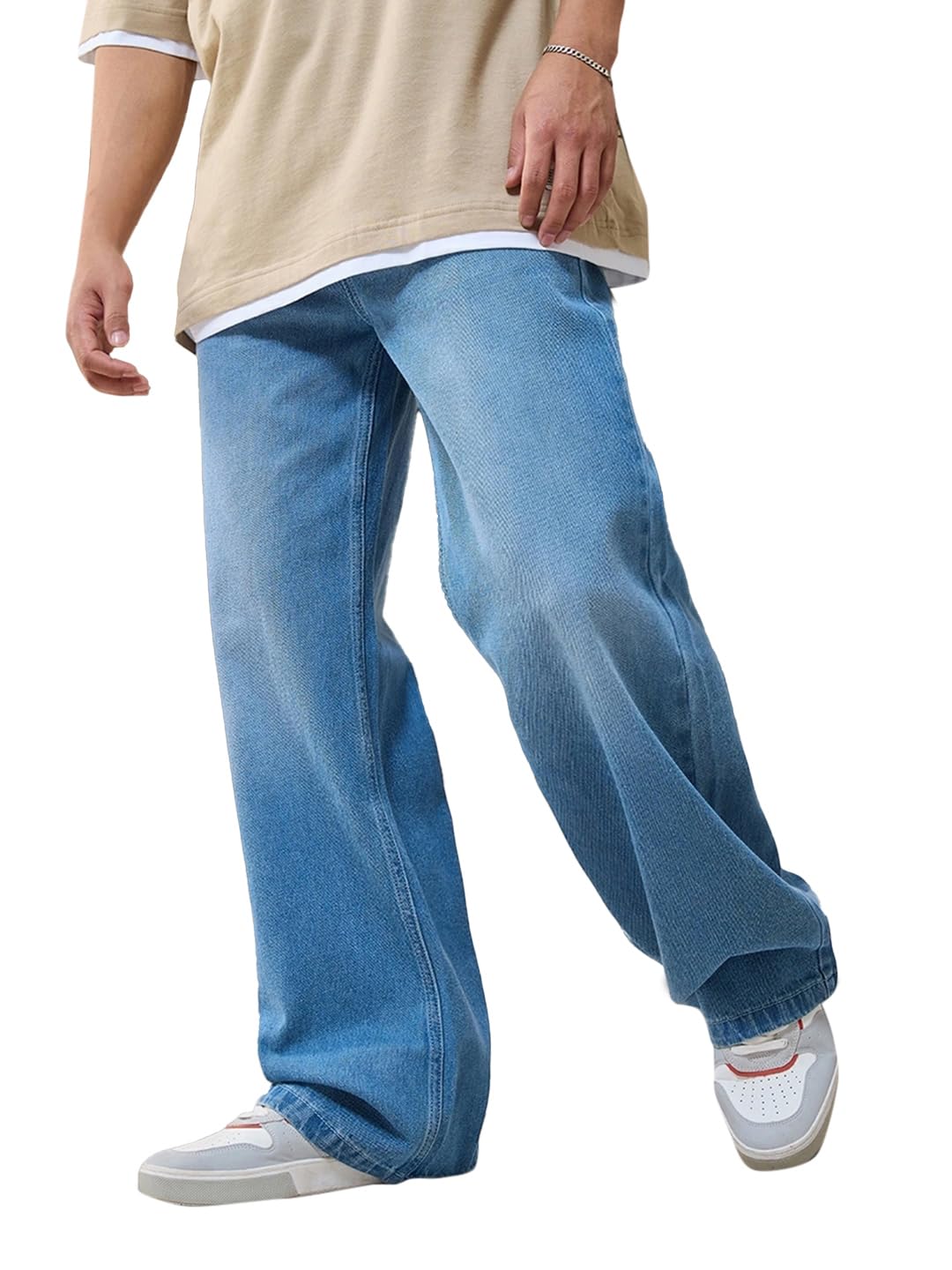 Bewakoof Mens Solid Wide Leg Cotton Baggy High Rise Jeans_624692_Blue_28