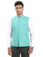 Turtle Men Polycotton Solid Slim Fit Turquoise Nehru Jacket