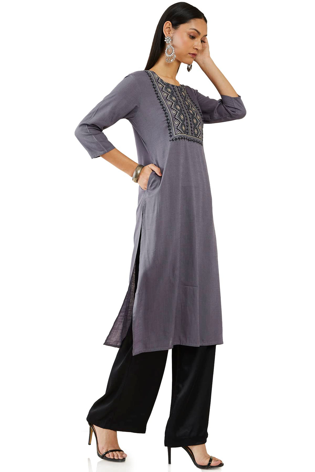 Soch Women Grey Rayon Embroidered Kurta