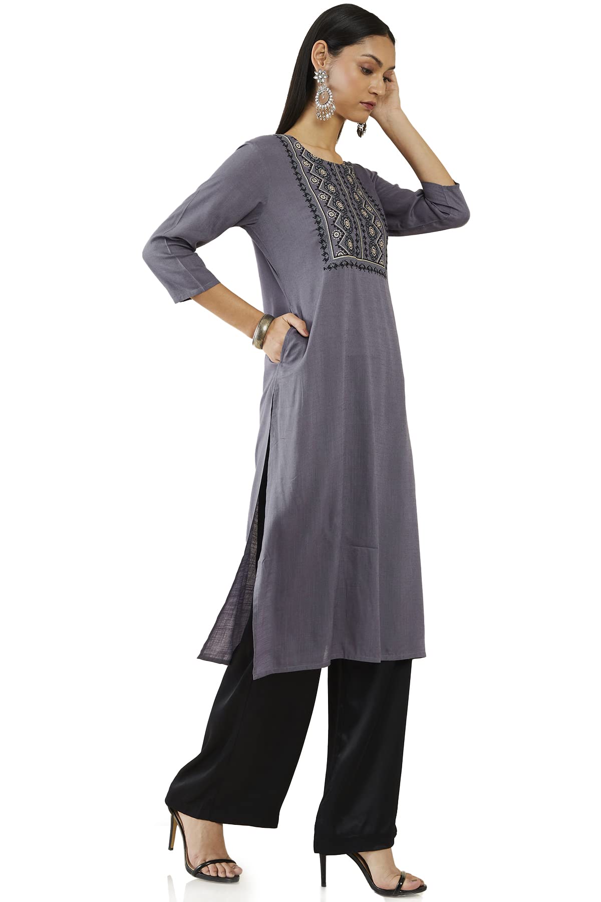 Soch Women Grey Rayon Embroidered Kurta