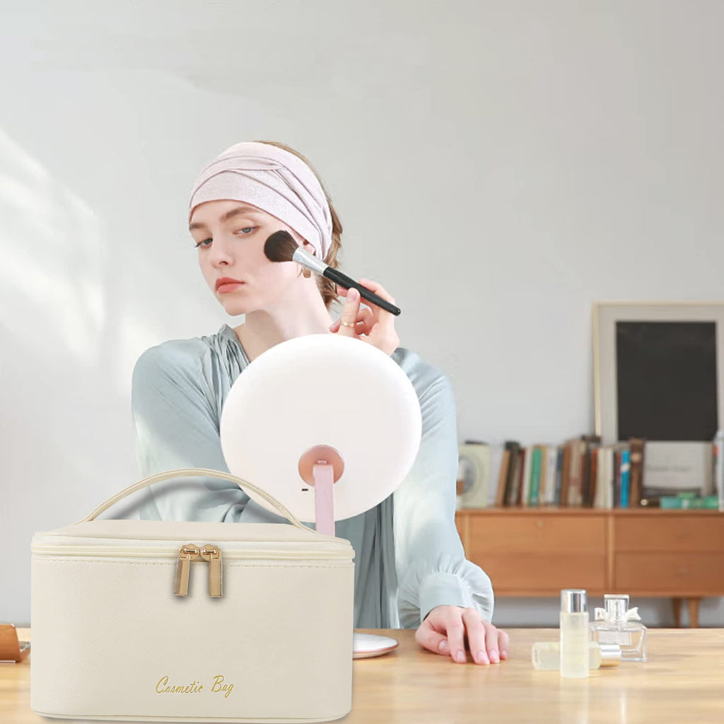 Meiyuuo Cute Makeup Bag Small Cosmetic Bags for Women Medium Pouch Toiletry Bag Waterproof Organizer(Light Beige)