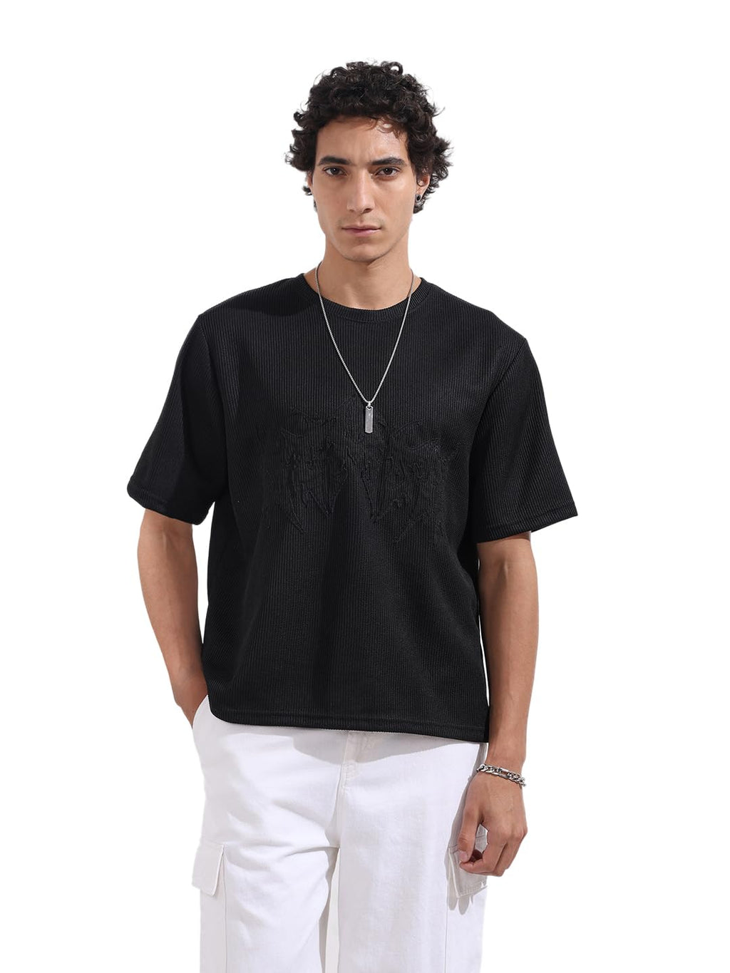 The Indian Garage Co Mens Textured Half Sleeves Boxy Crew Neck T-Shirt