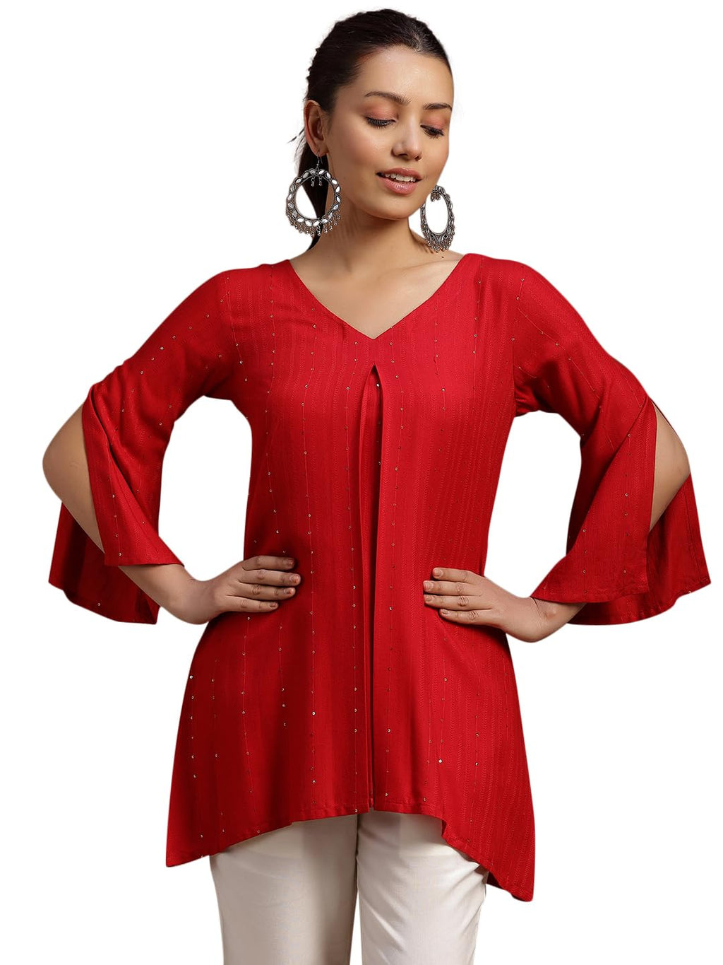 Libas WomenS Cotton Blend Solid A-Line Kurtis (29137_Red
