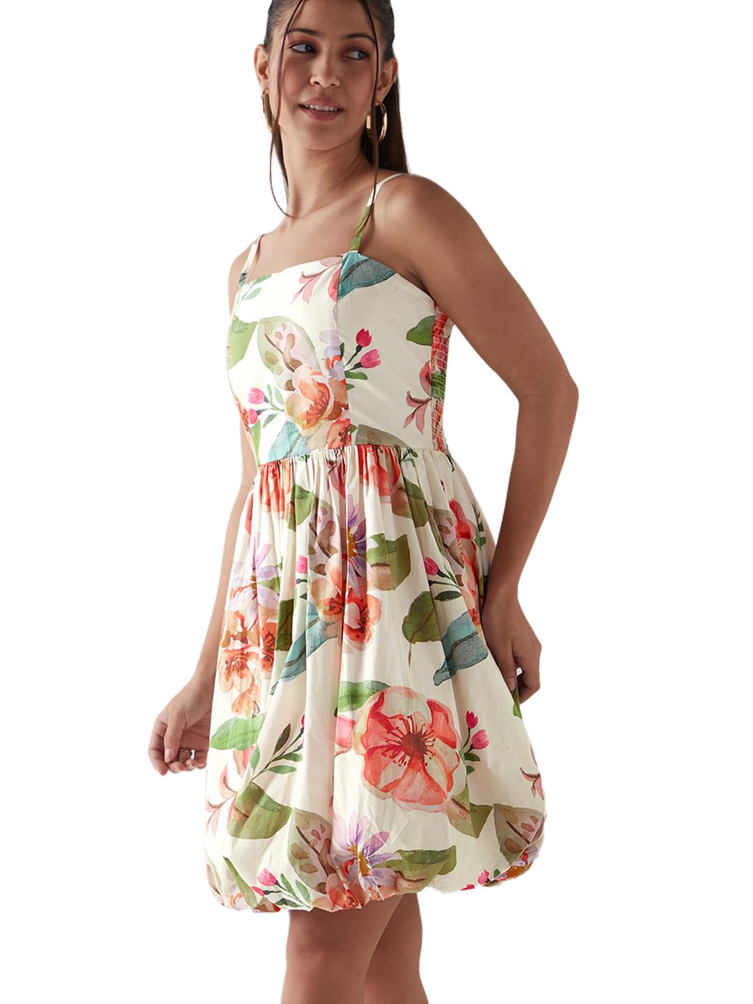 Bewakoof WomenS All Over Print Regular Fit Sleeveless Square Neck Cotton-Poplin Dress_645122_White_Xl