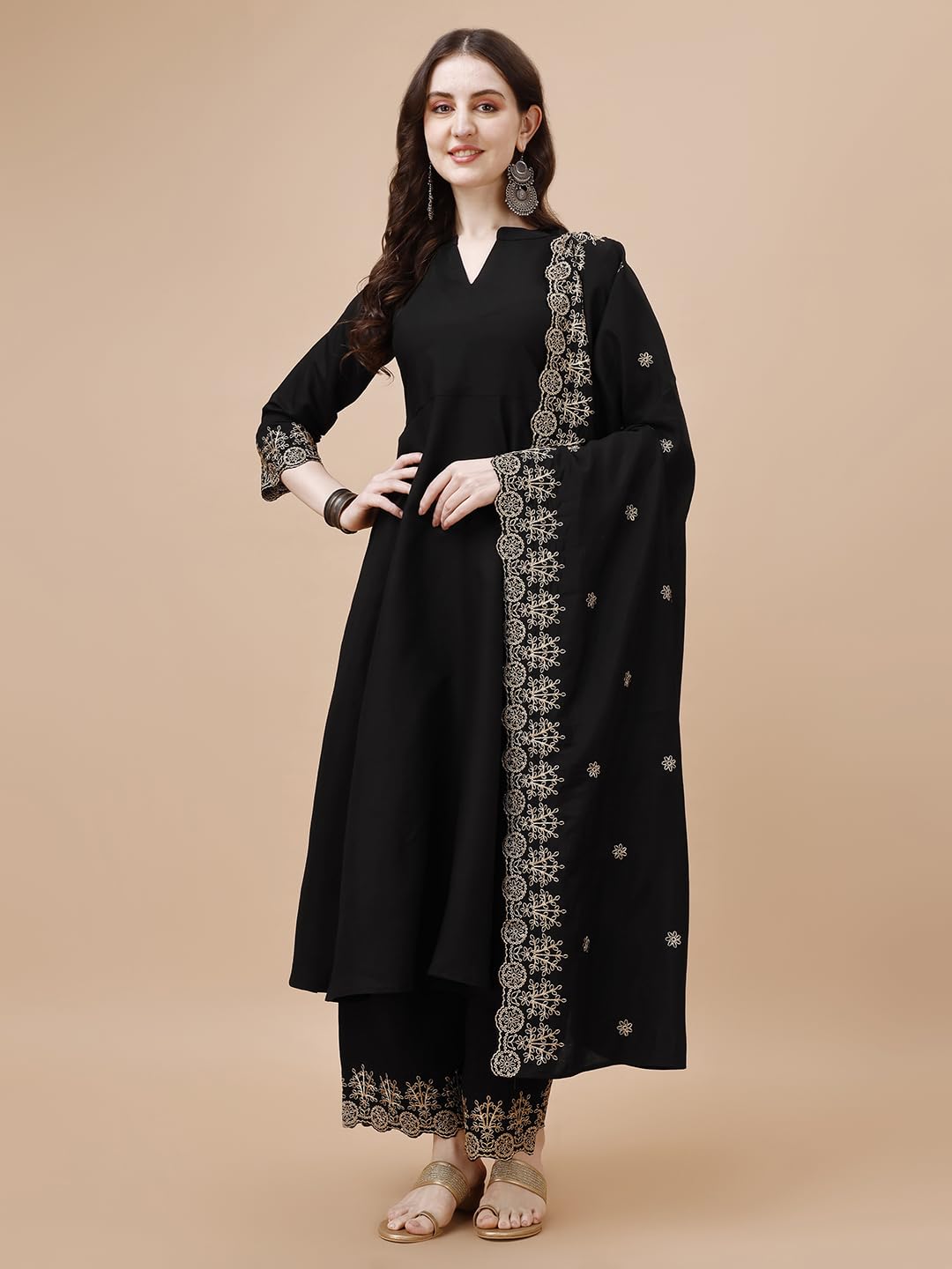 Pratham Blue Womens Silk Embroidered Anarkali Kurta with Palazzos and Dupatta