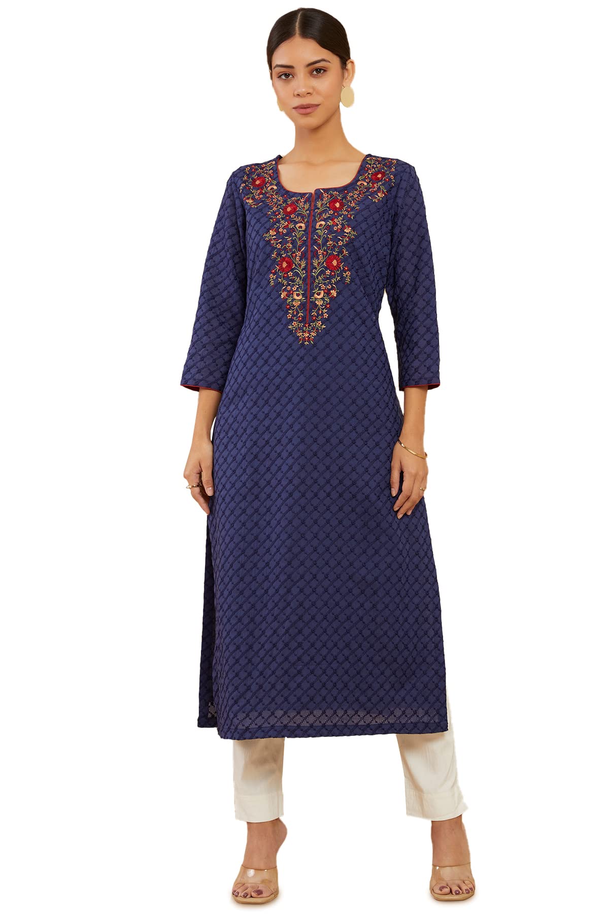 Soch Women Dark Blue Cotton Solid Kurta