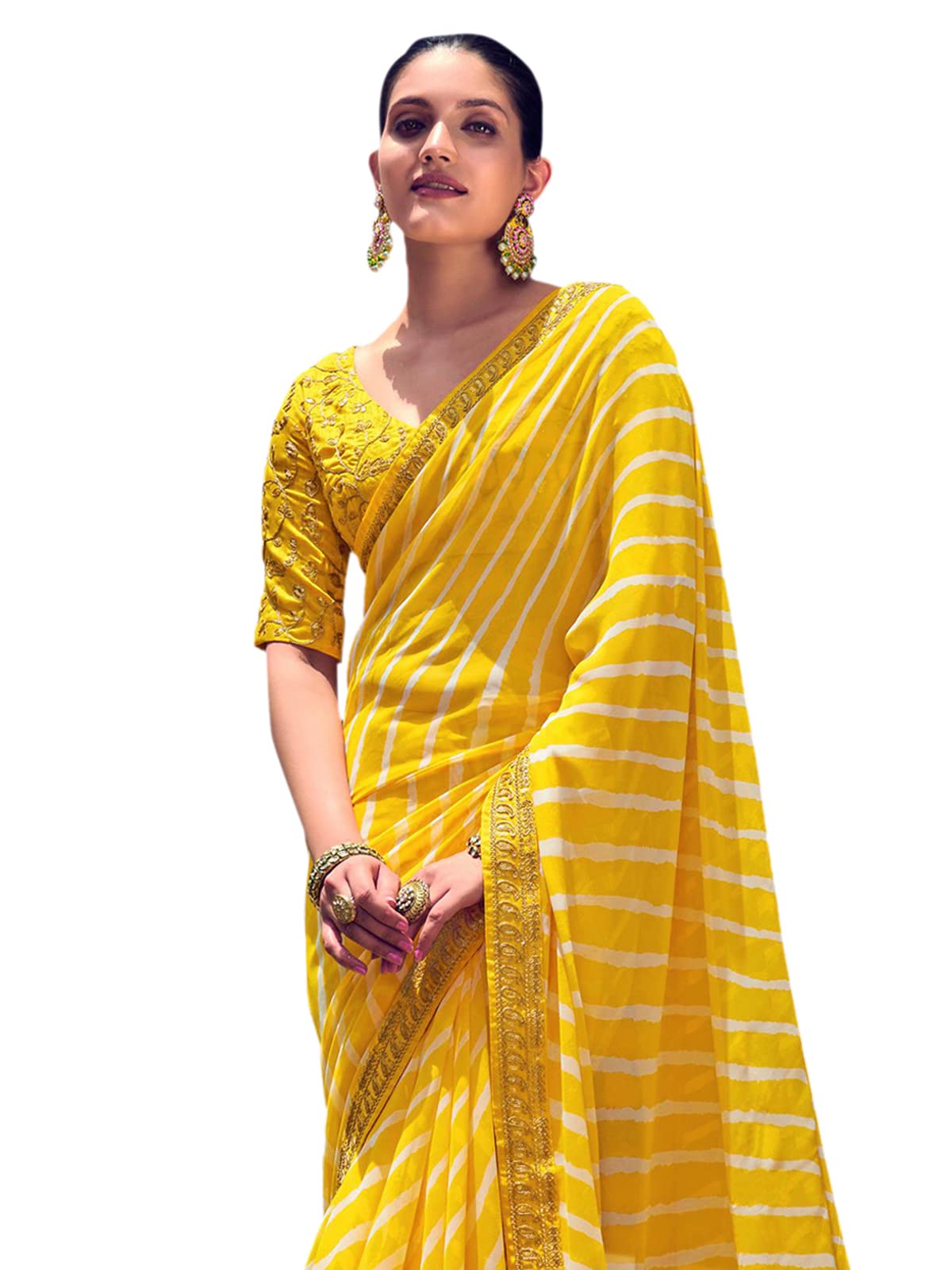 Satrani WomenS Leheriya Printed & Lace Georgette Saree With Unstitched Blouse Piece