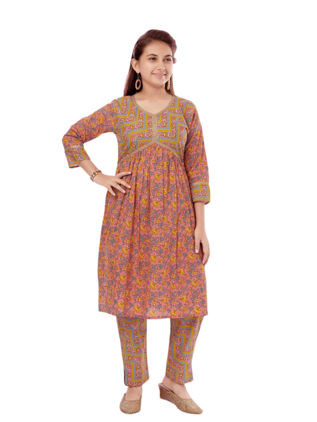 Aarika Girls Peach-Yellow Colour Cotton Floral Print Kurti Pant (Kp-K-733-Peach-36)