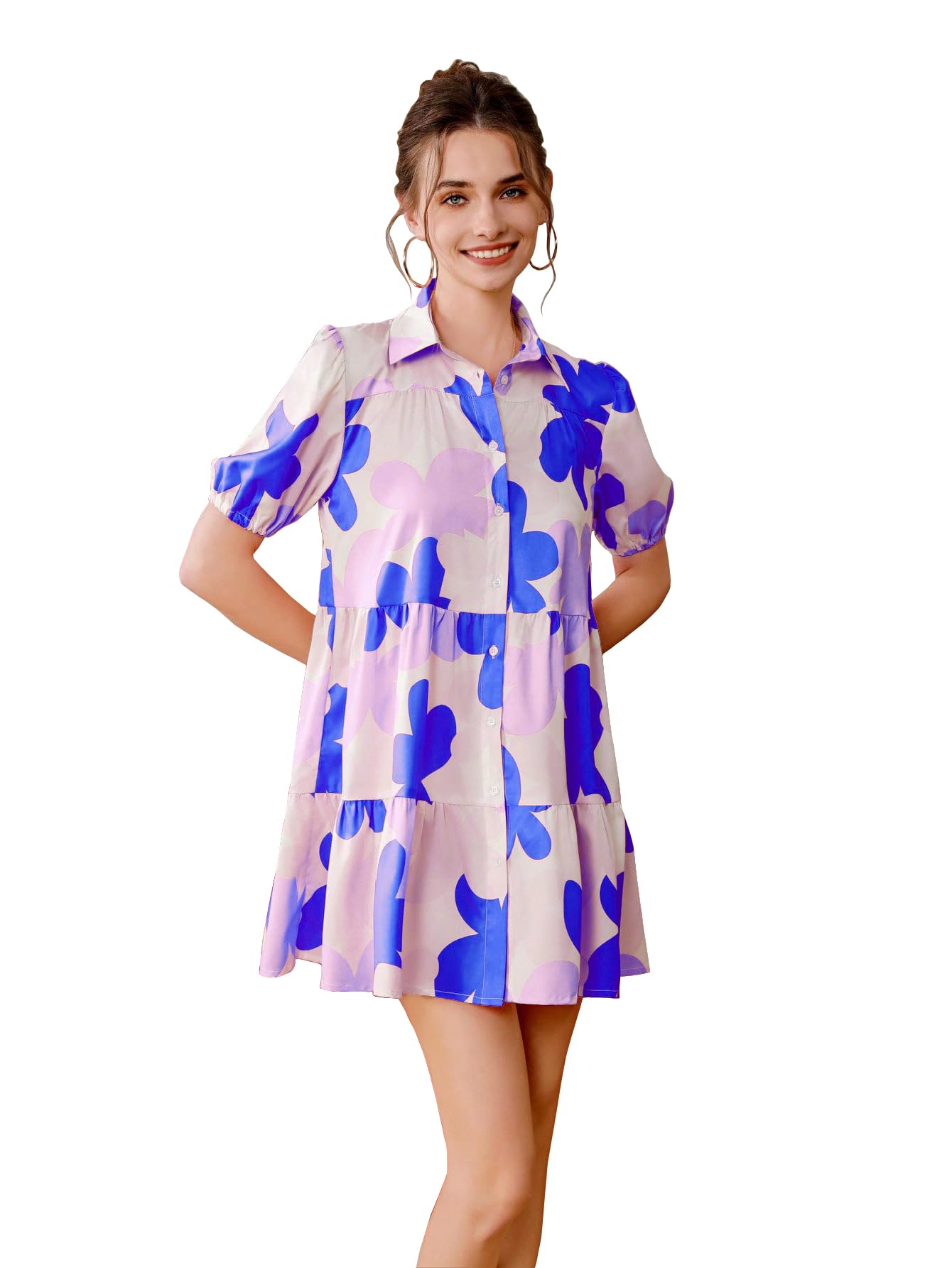 Shasmi WomenS Blue Flower Print Short Sleeve Button Front All-Over Printed Dresses, Ruffle Hem Smock Dress For Woman (161 Dress