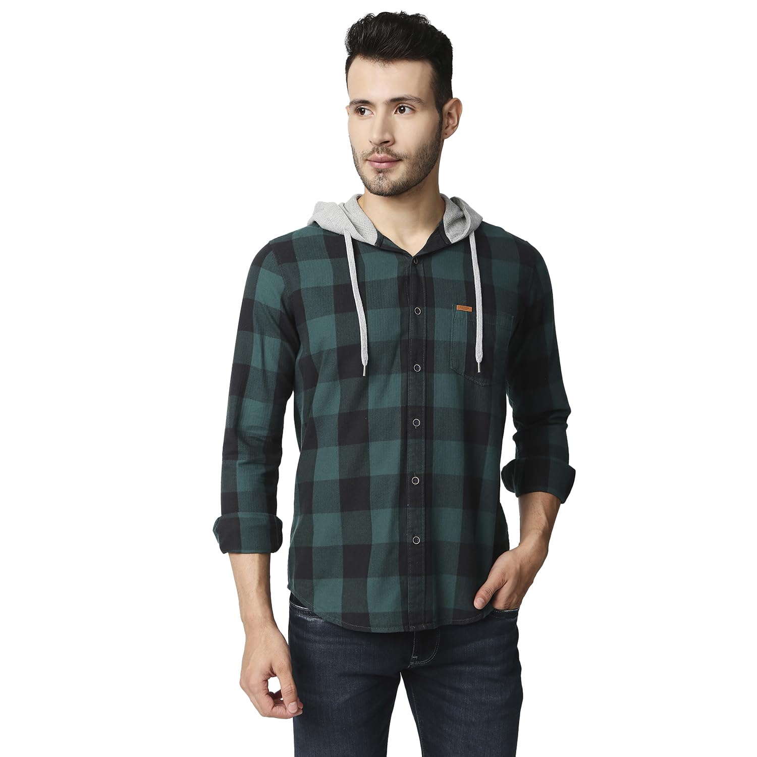 Pepe Jeans Mens Euro Yarn Dyed Shiruku Herringbone Check Hoodie Shirt, Green,S