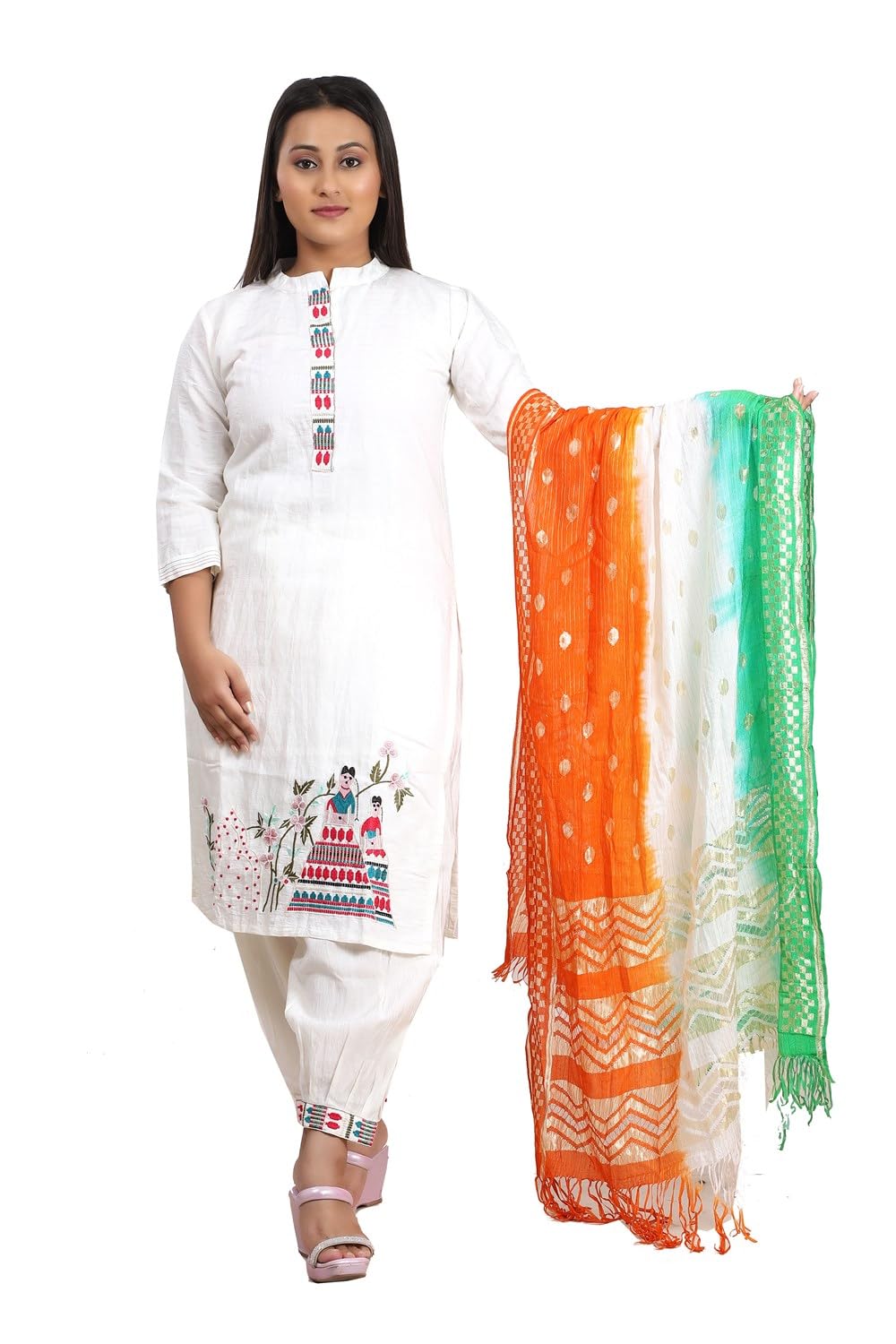 Fabme Women'S Silk Tricolor/Tiranga Dupatta With Golden Work For Republic Day/Independence Day, Free Size