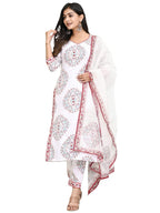 Gosriki Women'S Cotton Blend Floral Printed Straight Kurta With Pants & Dupatta (Cup-Off-White-Cmd-Gs_Xl_White_X-Large)
