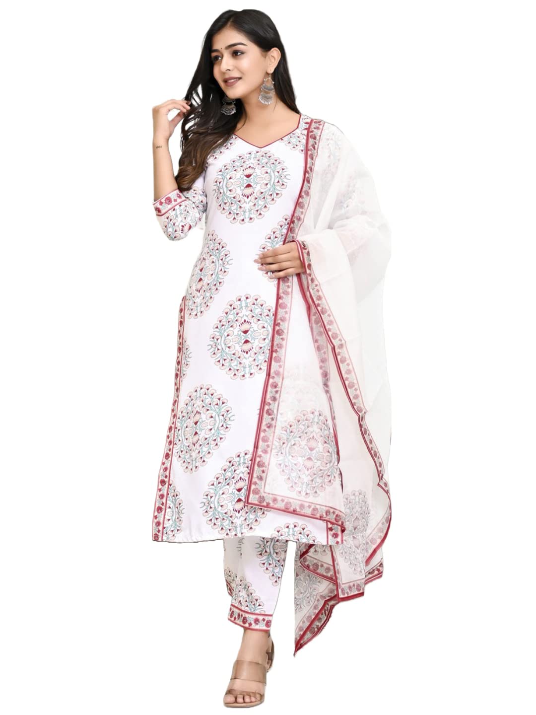 Gosriki Women'S Cotton Blend Floral Printed Straight Kurta With Pants & Dupatta (Cup-Off-White-Cmd-Gs_Xl_White_X-Large)