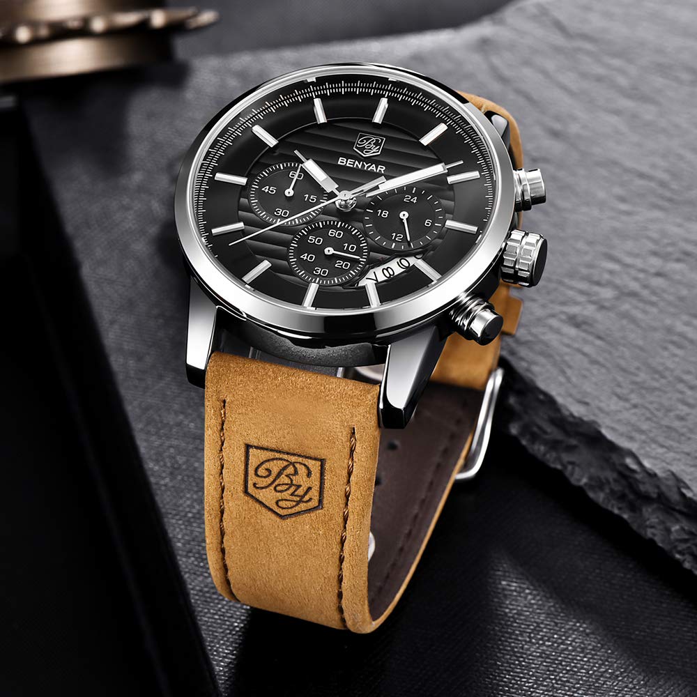 BENYAR Chronograph Waterproof Watches Business and Sport Design Black Leather Band Strap Wrist Watch for Men (Brown Silver Black