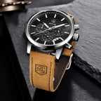 BENYAR Chronograph Waterproof Watches Business and Sport Design Black Leather Band Strap Wrist Watch for Men (Brown Silver Black