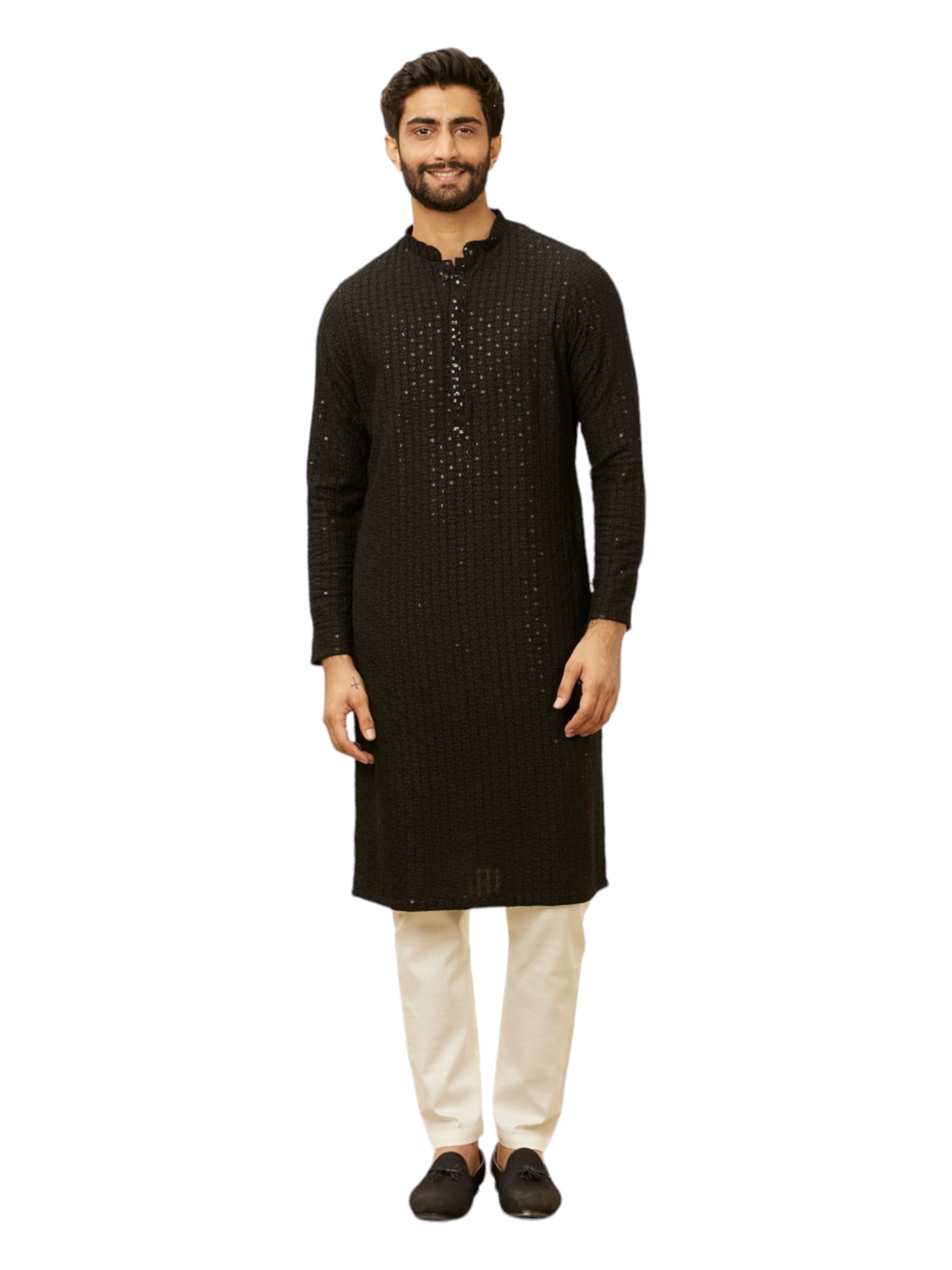 Manyavar Mens Blue Viscose Chikankari Kurta Pyjama Set