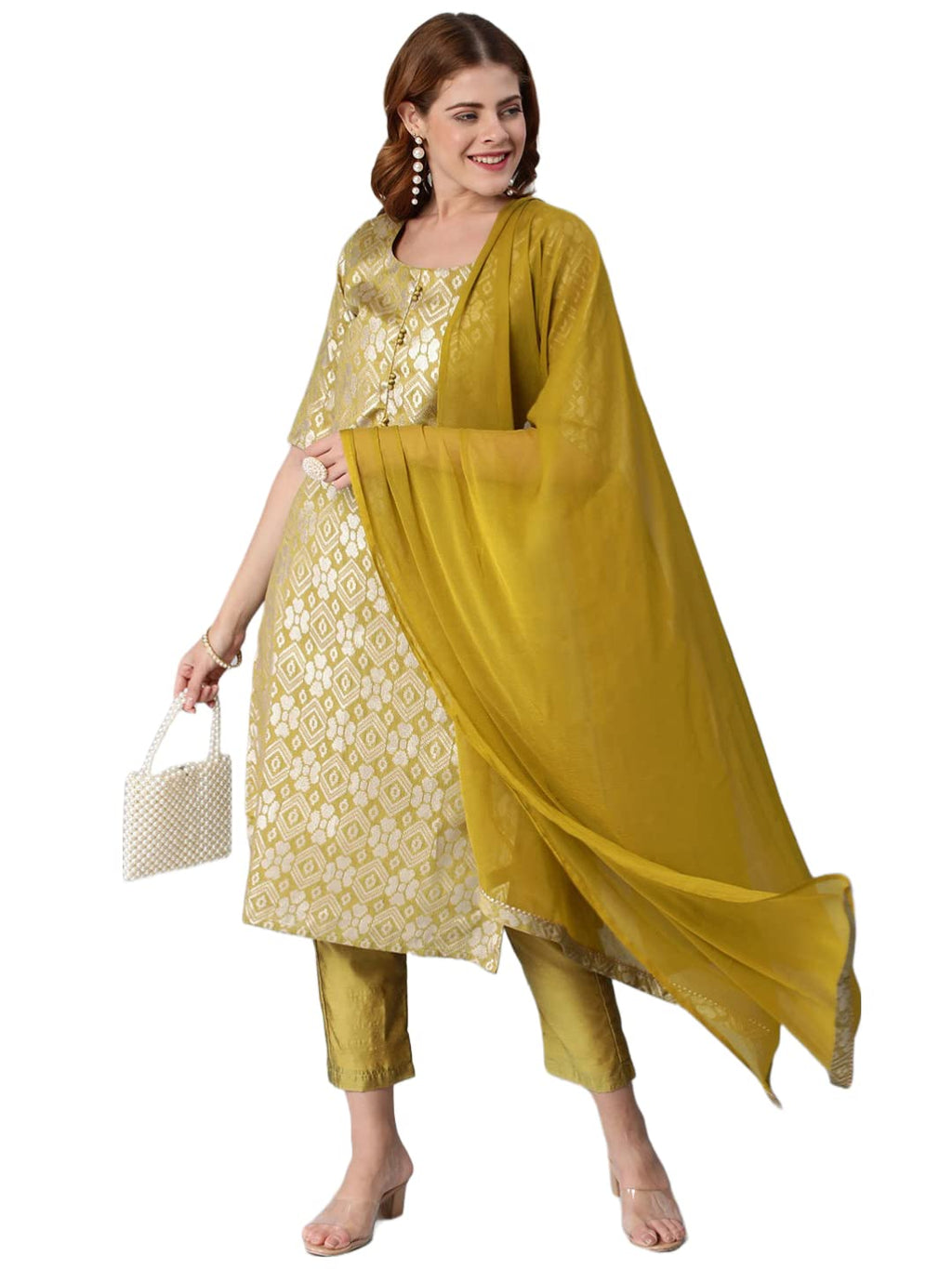 ANNI DESIGNER Womens Banarasi Woven Straight Embellished Printed Kurta with Pant & Dupatta (KABZAA-Methi-Nw_L_Mustard_Large)