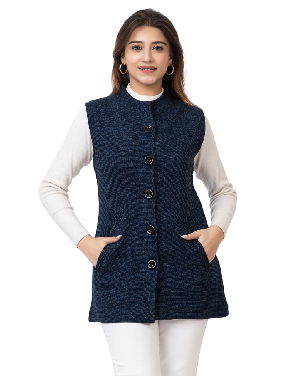 TWENTY ME Winter Wear/Casual Wear/Outdoor Wear/Wool Blend/Round Neck/Solid/Sleeveless Nehru Jacket(4228Navy) 2