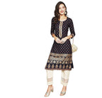 Anubhutee Women'S Rayon Navy Blue Zari Work Ethnic Motifs Yoke Design Straight Kurta