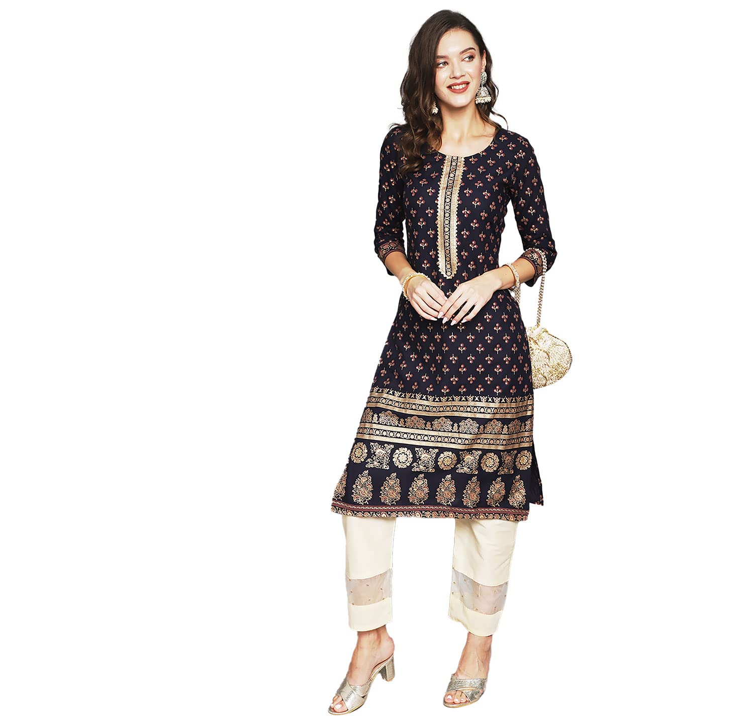 Anubhutee Women'S Rayon Navy Blue Zari Work Ethnic Motifs Yoke Design Straight Kurta