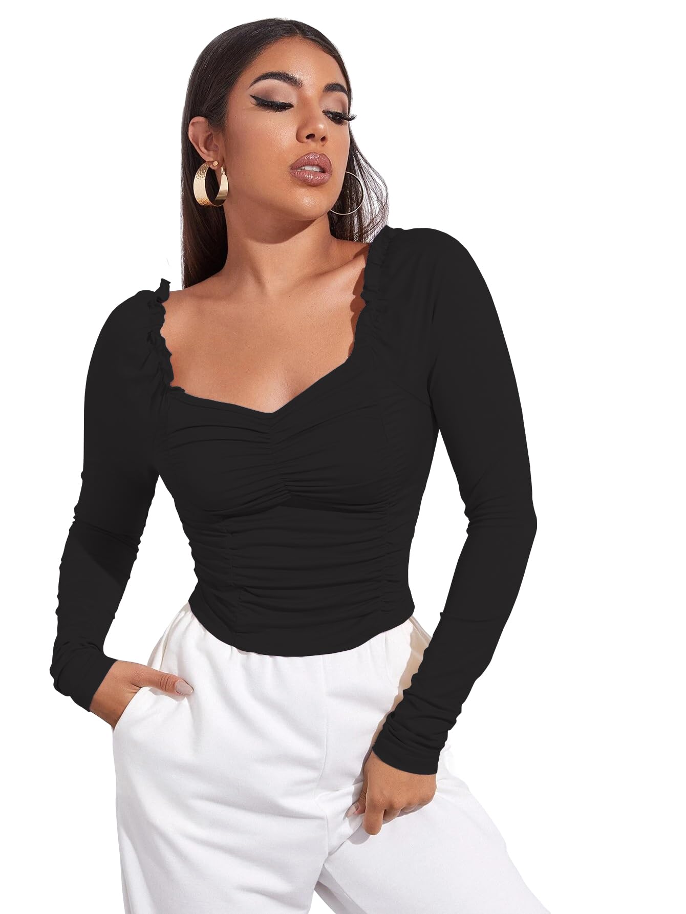 AVANOVA Womens & Girls Black Full Sleeve, Sweat Hear Neck, Frill Trim Ruched Crop Top for Women, Tops, T-Shirts for Girls (TOP