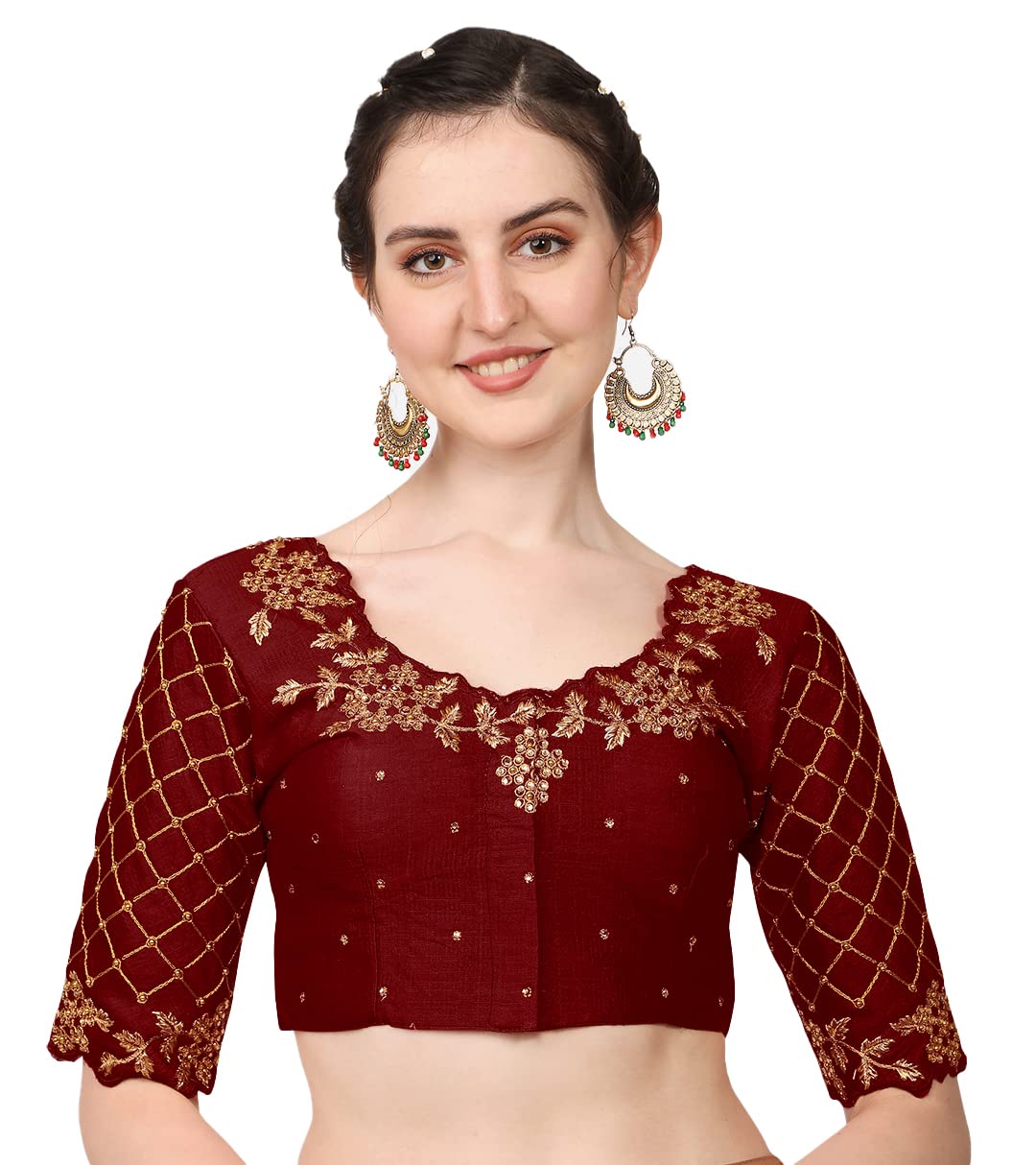 Pujia Mills Womens Embroidery Handwork, Rough Cut Work Stone Work Readymade Blouse (36, Marun)