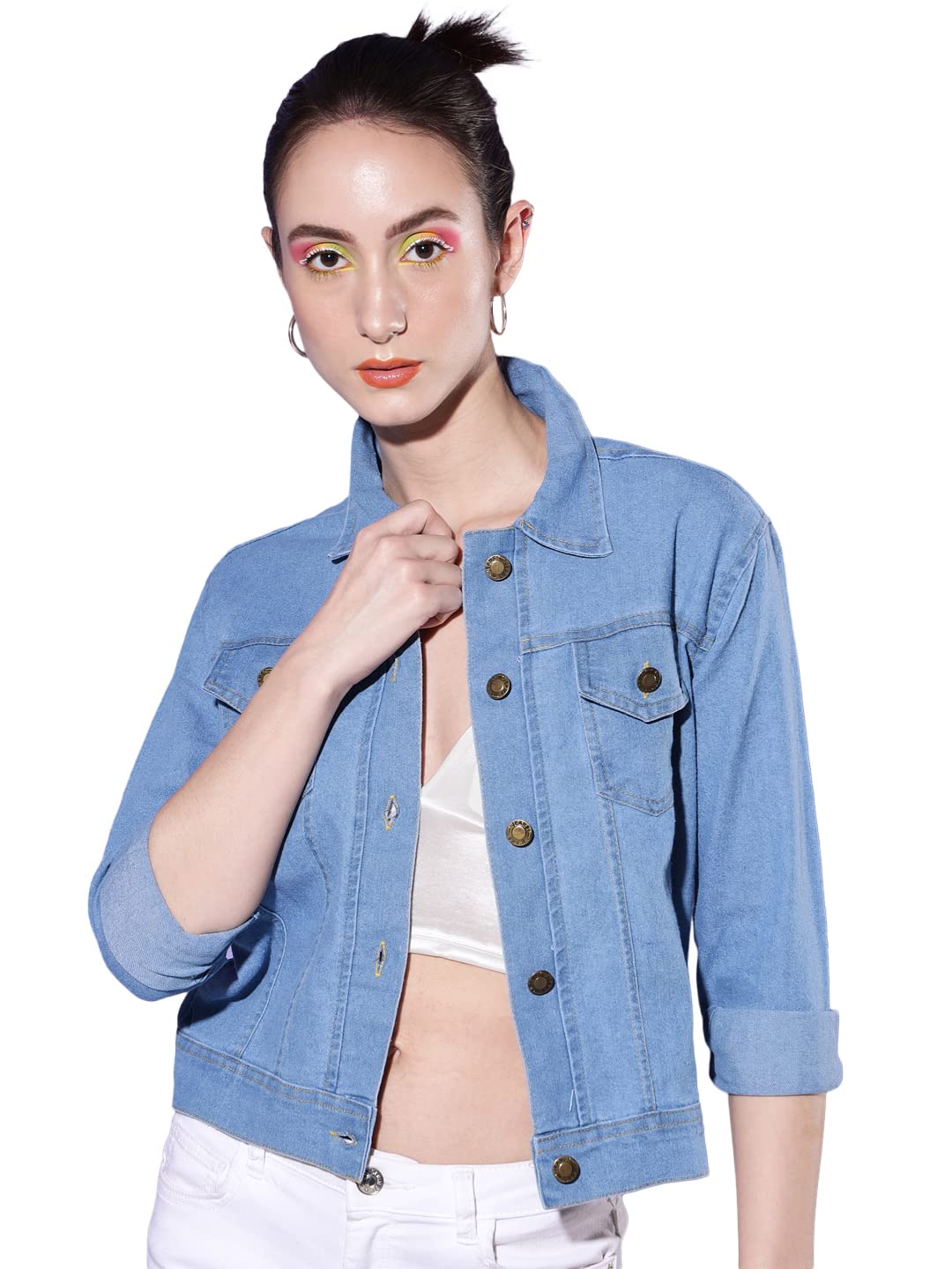 Button Down Solid Women Denim Jacket (Light Blue, XSmall)
