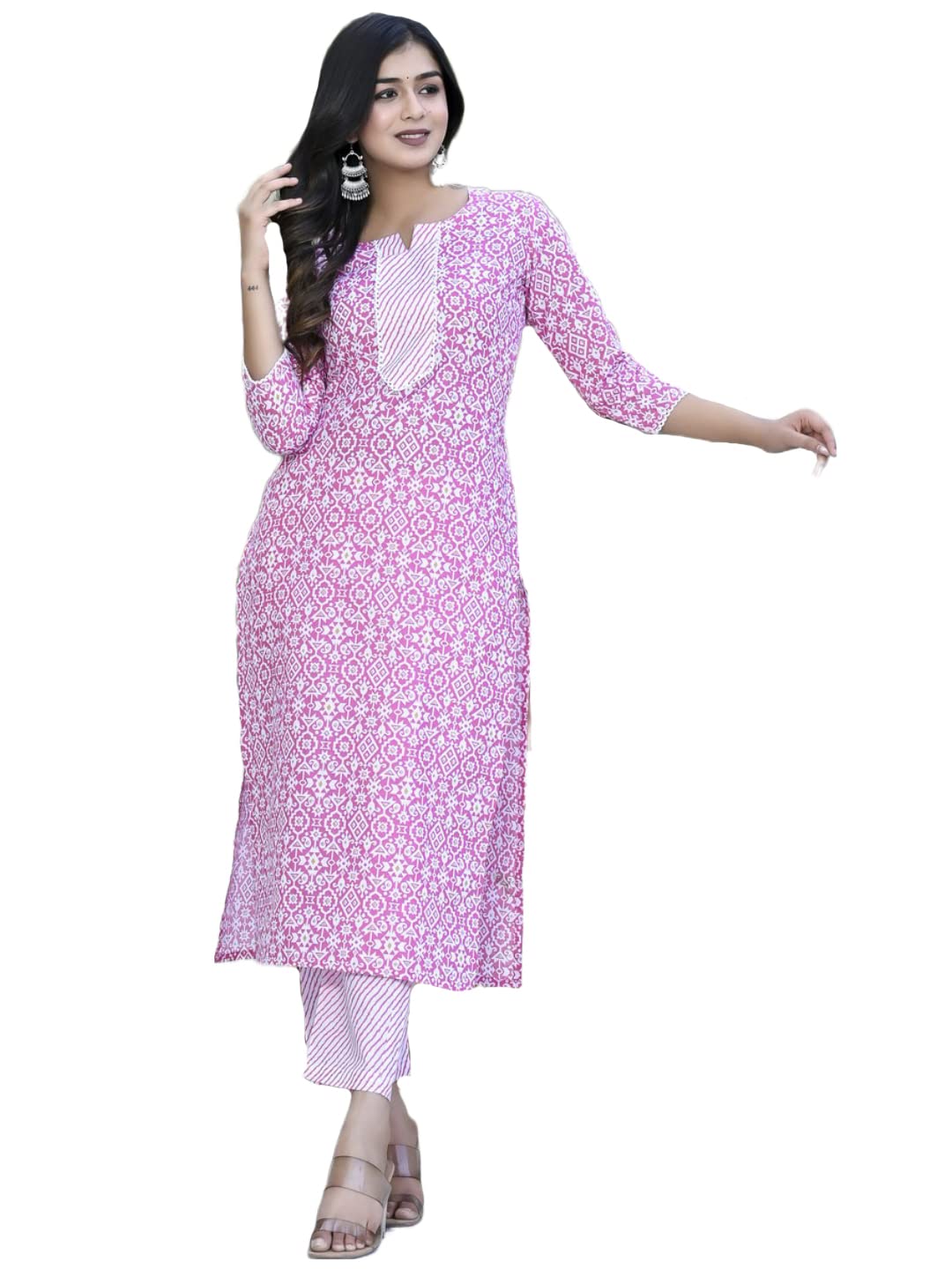 ANNI DESIGNER Womens Cotton Blend Printed Straight Kurta with Pant (Kavi Pink-CMD_XXL_Pink_XX-Large)