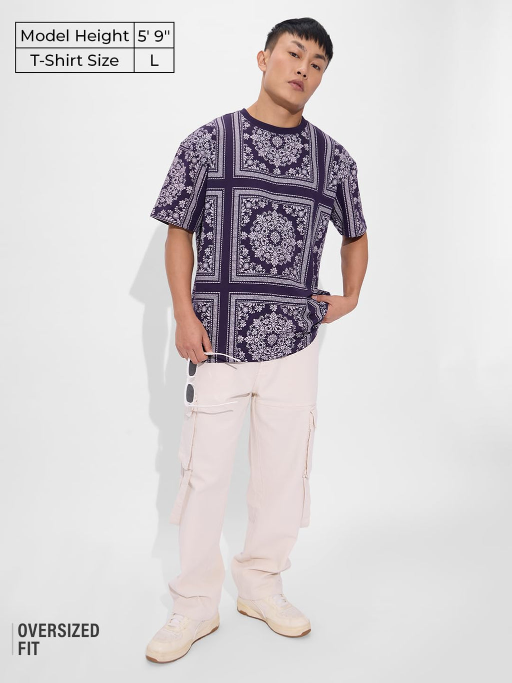 The Souled Store Cosmic Bandana Men and Boys Short Sleeves Round Neck Purple All Over Printed Cotton Oversized T-Shirts