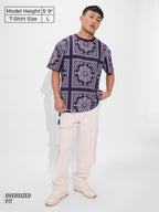 The Souled Store Cosmic Bandana Men and Boys Short Sleeves Round Neck Purple All Over Printed Cotton Oversized T-Shirts
