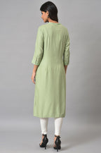 W For Woman Women Viscose Green Printed Mandarin Collar Straight Kurta