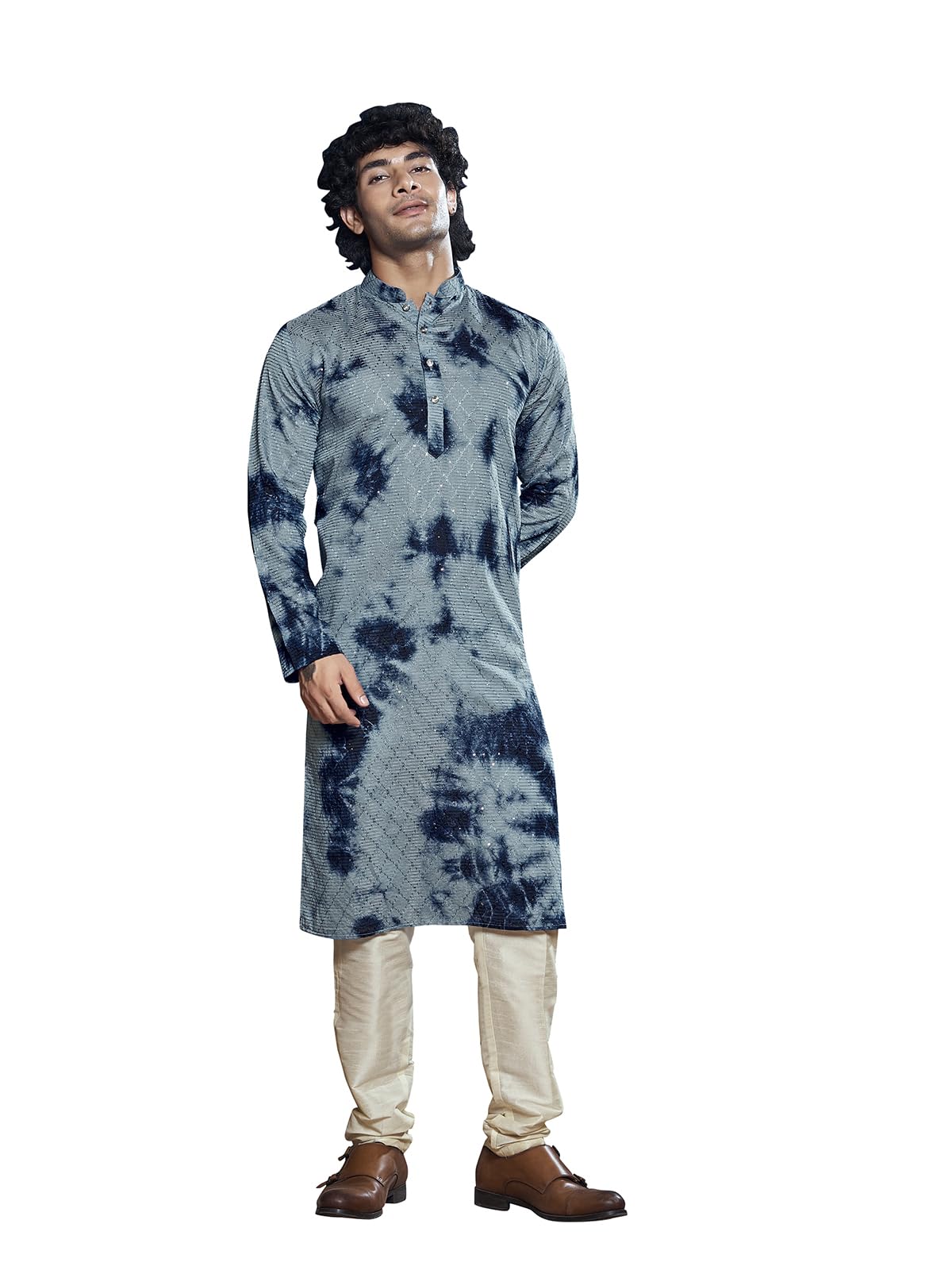 Vardha MenS Viscose Sequence Stitched Kurta, Flowy Blue Pattern Shibori Dyed Ethnic Kurtas For Men, Mandarin Collar, Pearl Butt