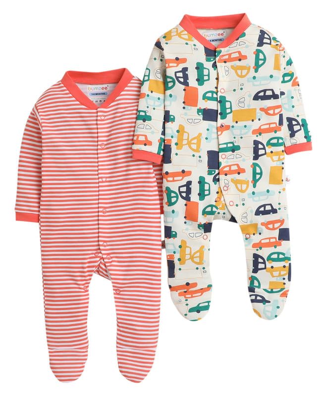 BUMZEE Cream & Coral Baby Boys Full Sleeves Sleepsuit Pack of 2 Age - 9-12 Months (Peb8816E-crl.CRM)